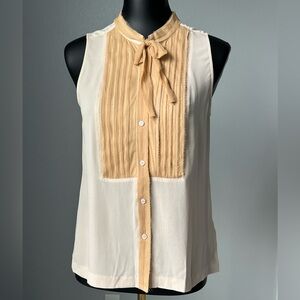 J. Crew silk Cream and Tan tuxedo pleat Sleeveless Blouse with Bow
